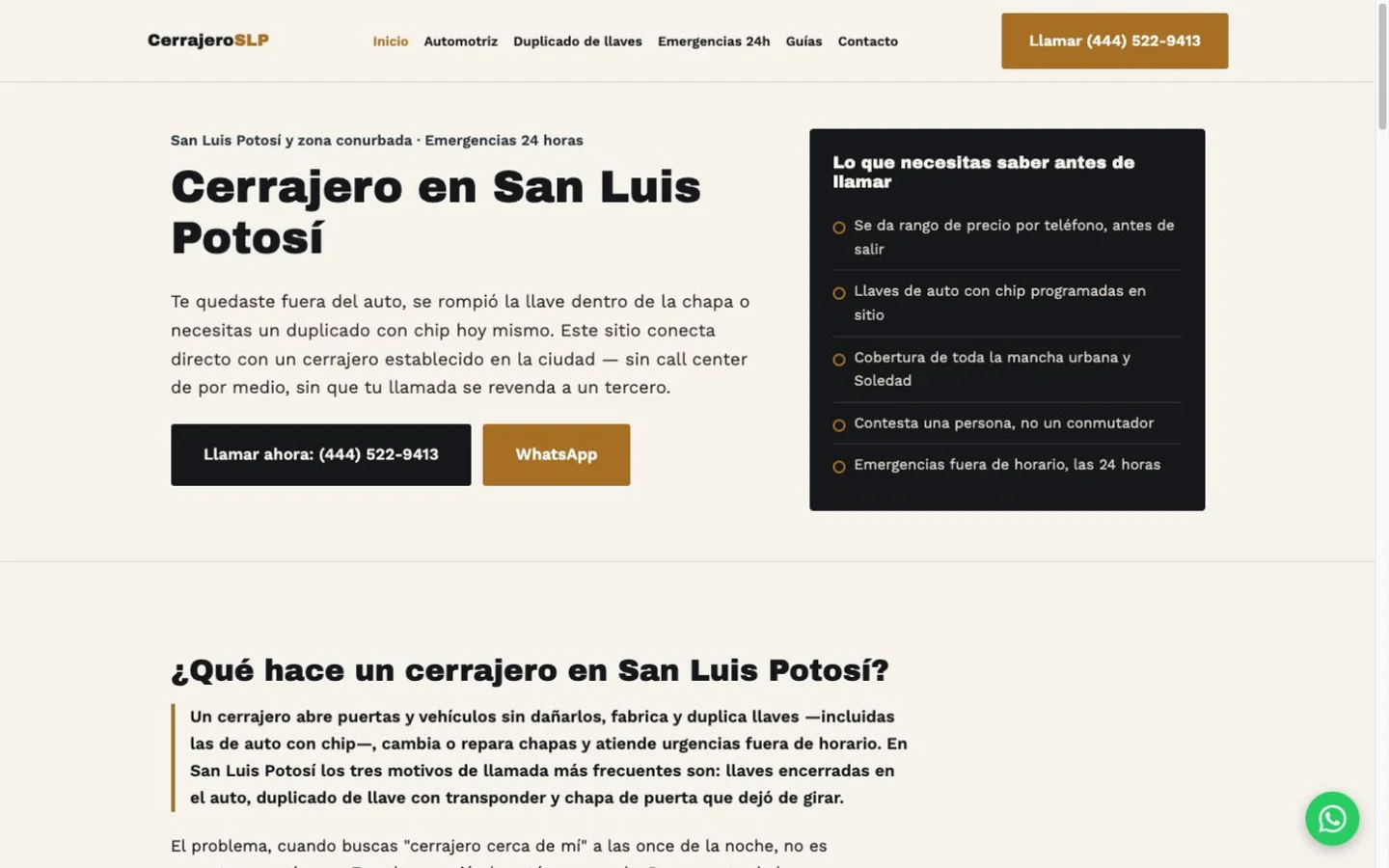 Captura de la página de inicio de Cerrajeros SLP