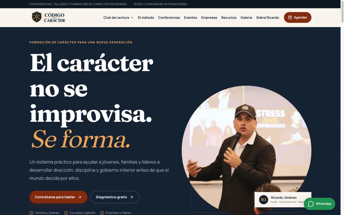Captura de la página de inicio de Código del Carácter