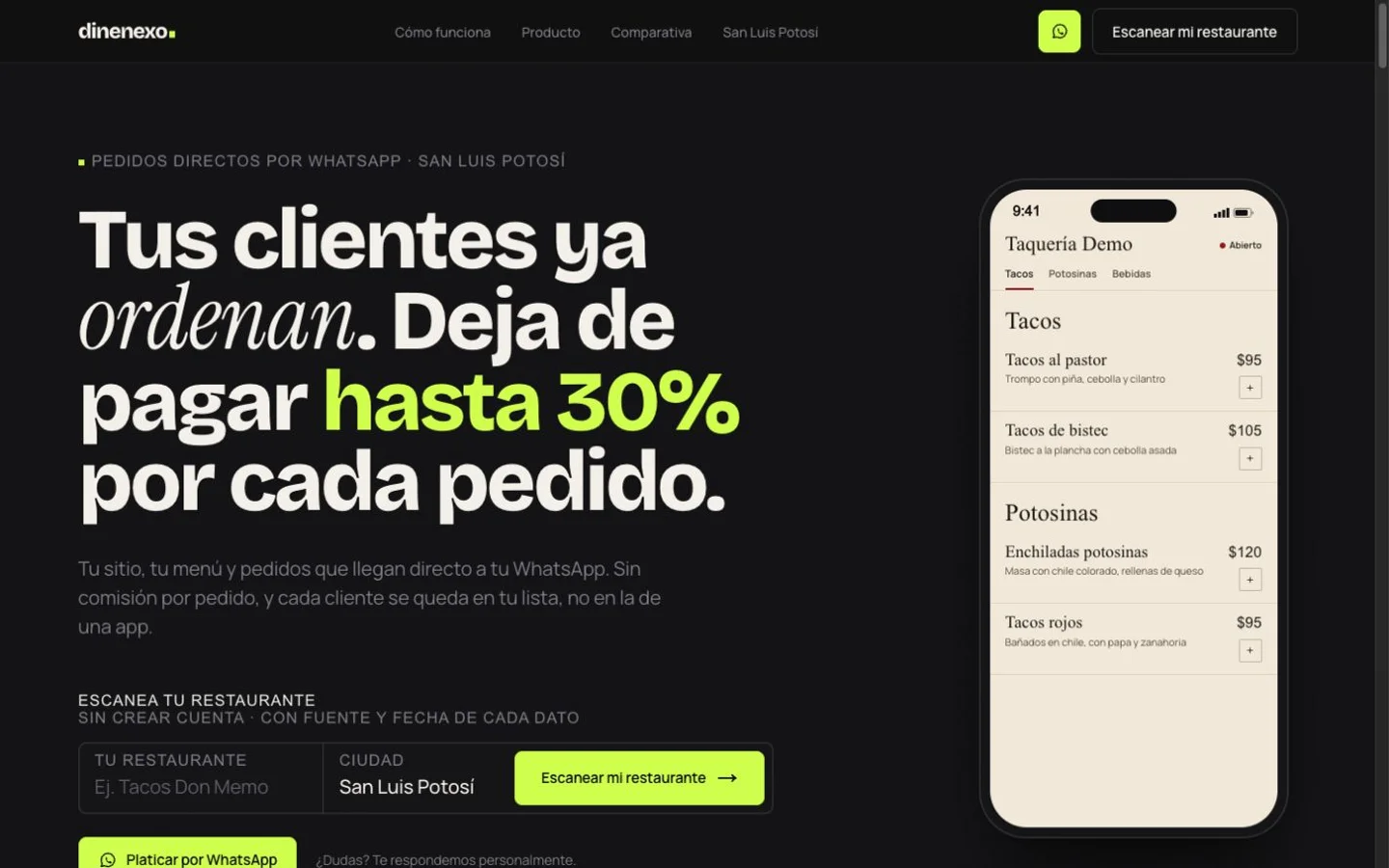 Captura de la página de inicio de DineNexo