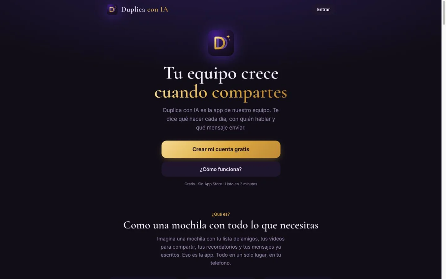 Captura de la página de inicio de Duplica con IA