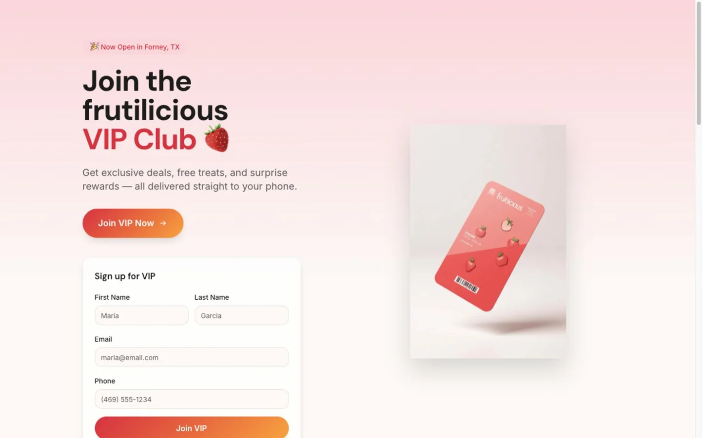 Captura de la página de inicio de Frutilicious VIP Club