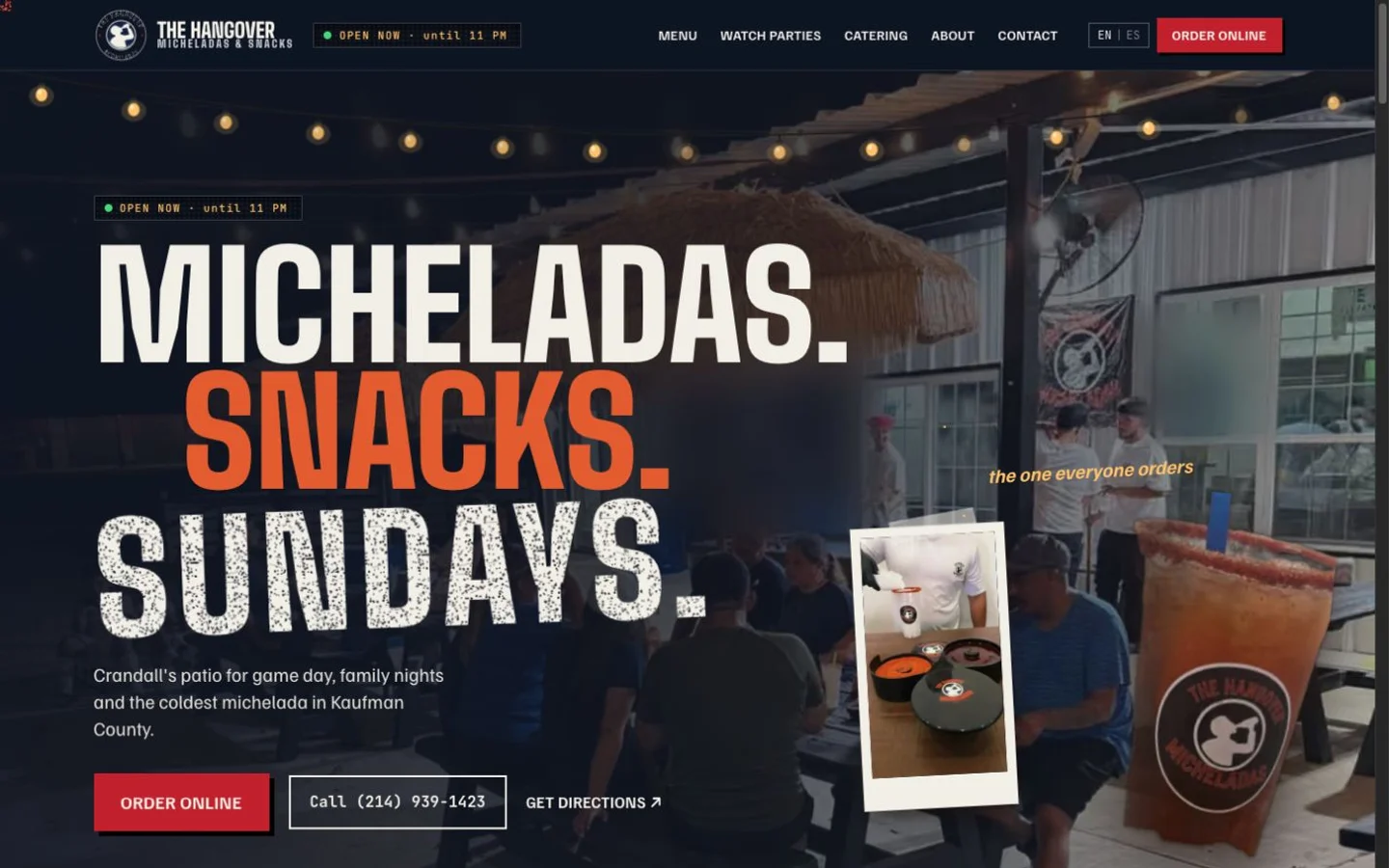 Captura de la página de inicio de The Hangover Micheladas & Snacks