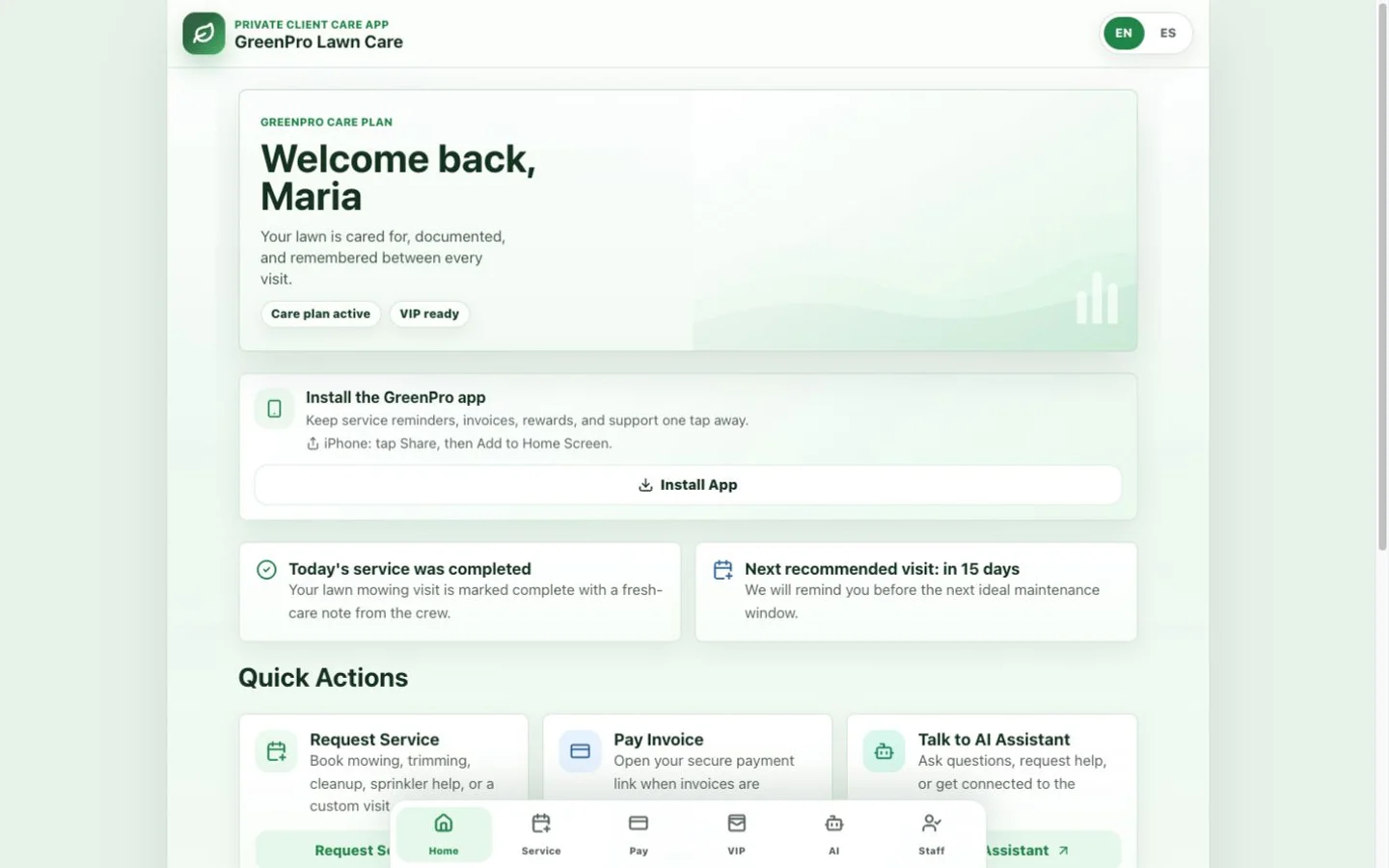 Captura de la página de inicio de GreenPro · App de jardinería
