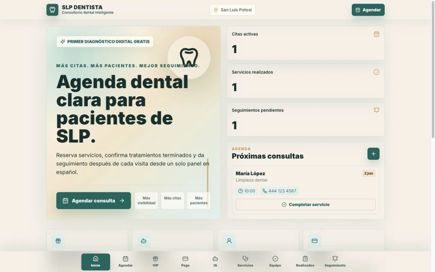 Captura de la página de inicio de SLP Dentista · App de agenda
