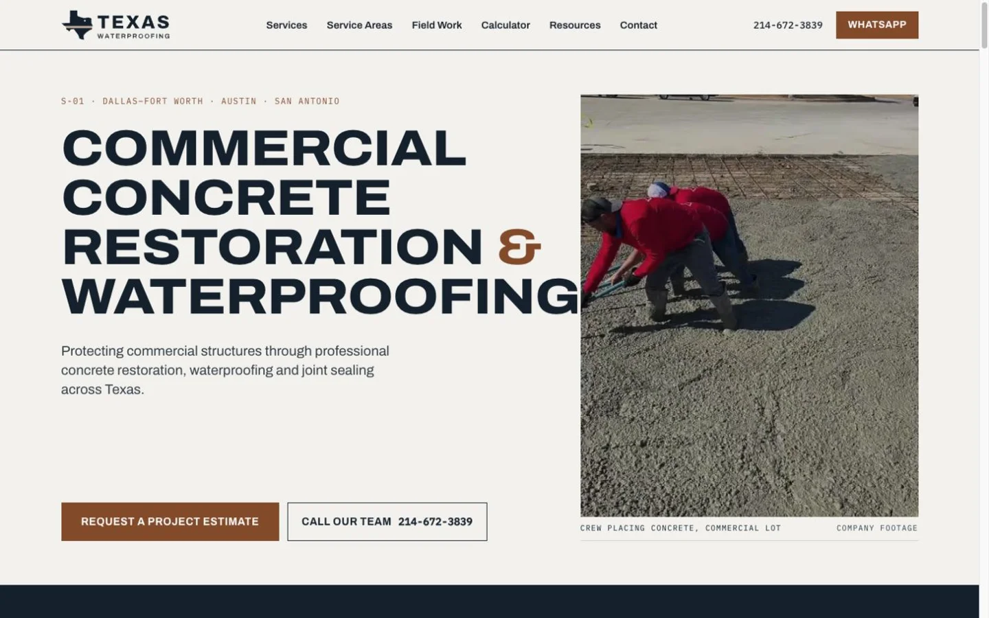 Captura de la página de inicio de Texas Waterproofing