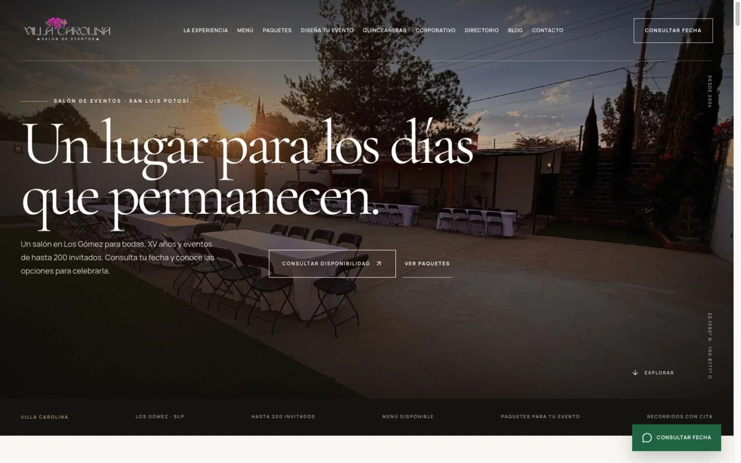 Captura de la página de inicio de Villa Carolina